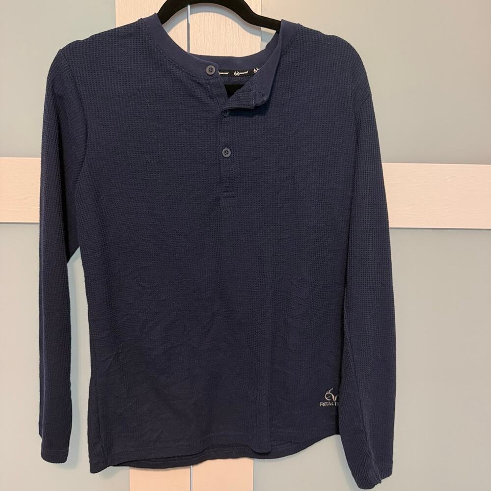 Realtree Waffle Knit Henley Shirt Men’s Small Navy Long Sleeve Thermal Tee